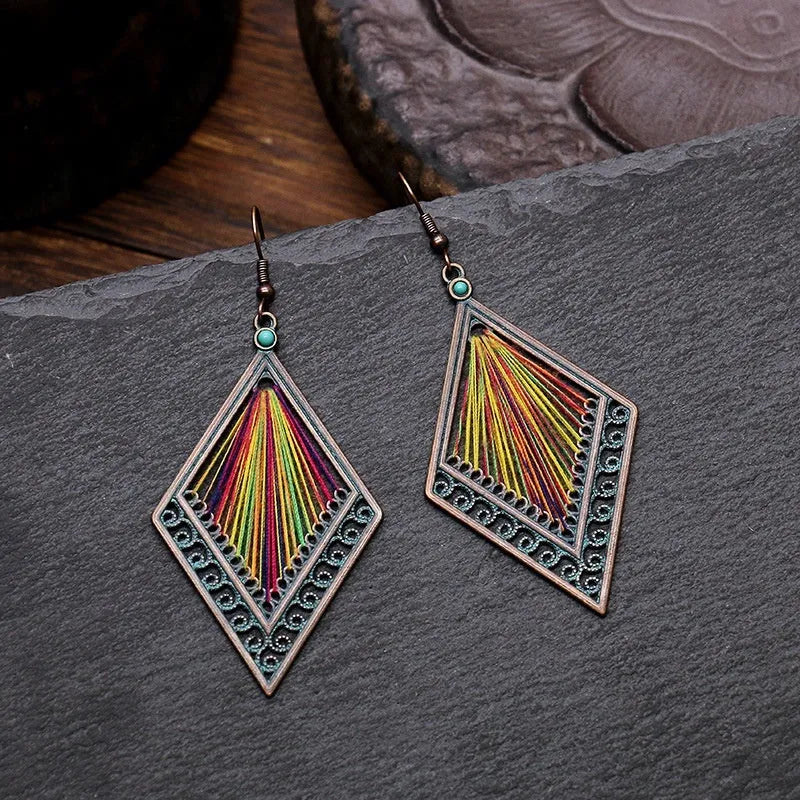 Bohemian geometric alloy earrings with colourful gold thread hand-woven detail, women's quadrilateral design, one pair