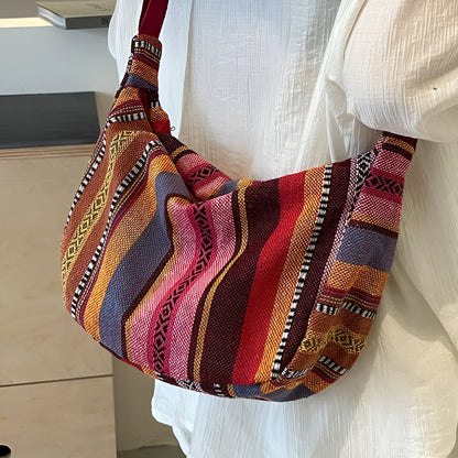 Women's ethnic style canvas crossbody dumpling bag in multiple colours with decorative sewing thread details