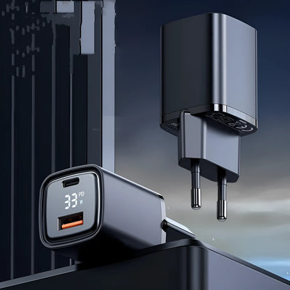 Black dual-port digital display fast charging charger, USB-A and USB-C, European standard plug, 81x33x28mm, model CH-1701