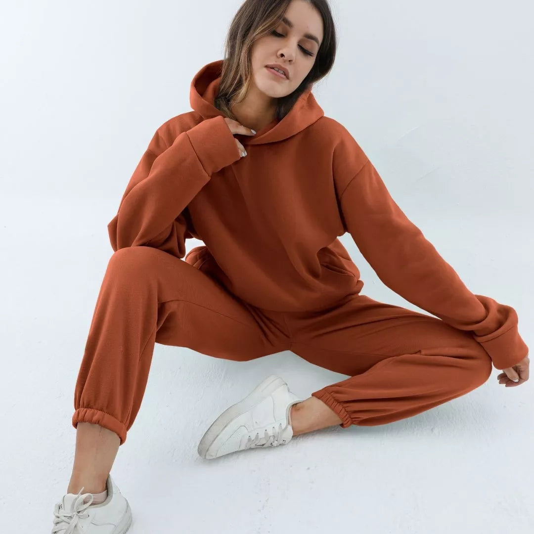 Women's casual hooded sweater two-piece suit in corduroy fabric, available in multiple colours and sizes