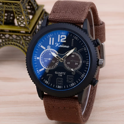 Men's fashion wristwatch with cloth band, 48mm dial, and zinc alloy case