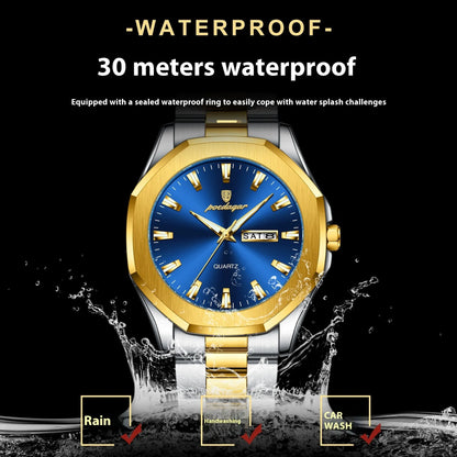 Men's steel strap quartz watch with 9mm thick case in a business style, showing colour options.