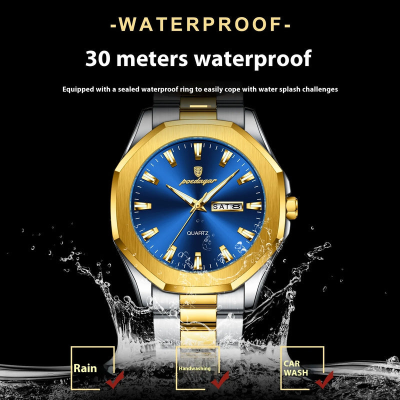 Men's steel strap quartz watch with 9mm thickness for business style wear in gold and blue, gold and white, gold and black, gold and green, silver case blue, silver case white, silver case black, or black case black