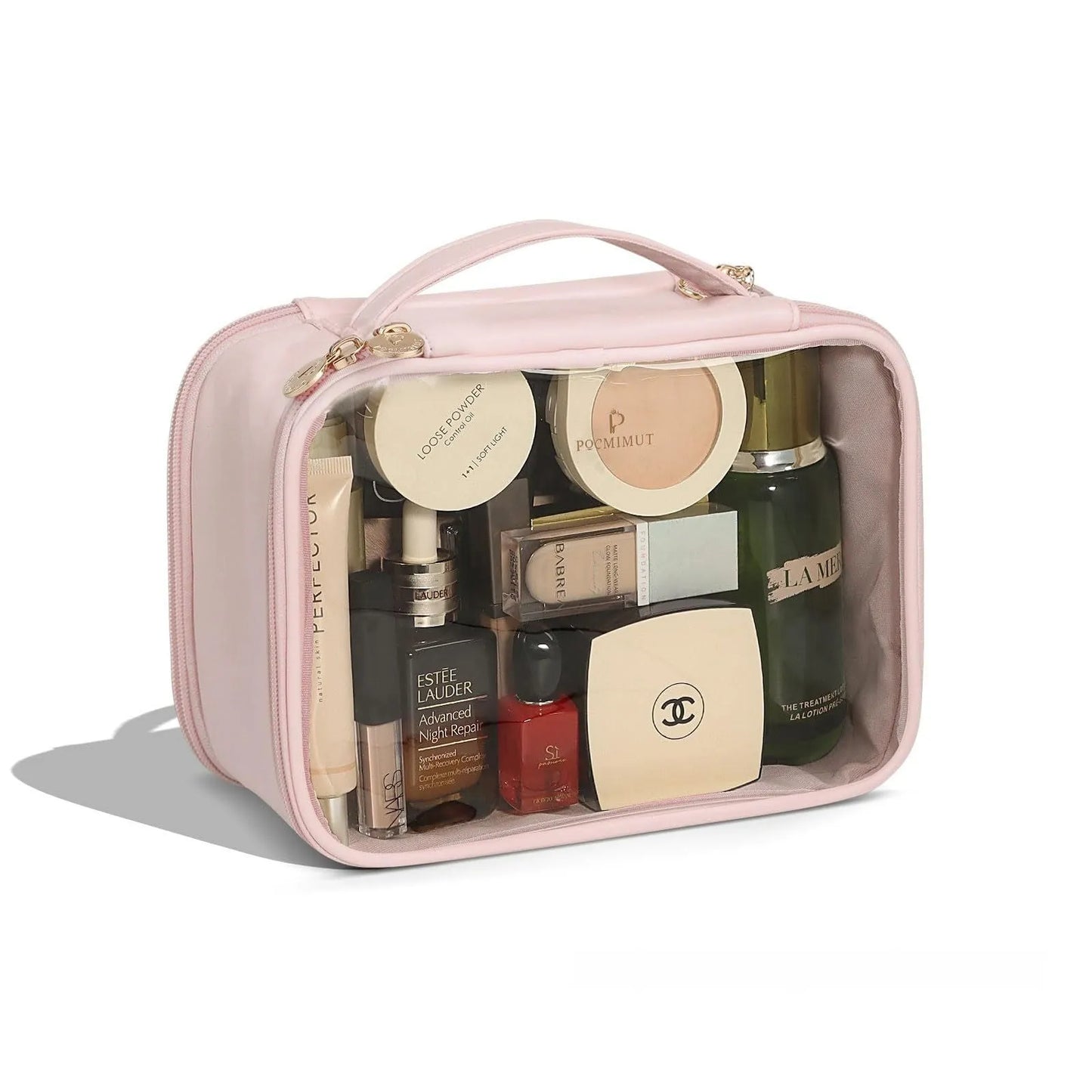 Transparent PVC leather cosmetic bag showing interior organisation with dry wet separation