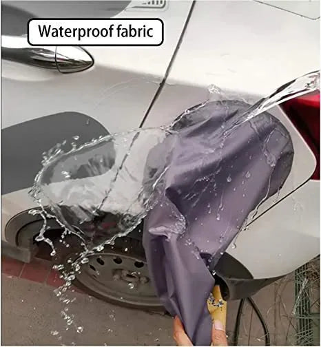 Grey waterproof cover for electric vehicle charging port with drawstring closure