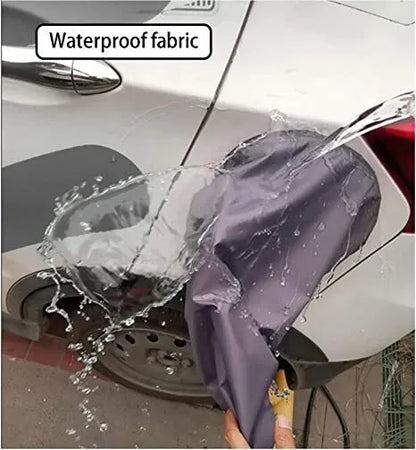 Grey waterproof cover for electric vehicle charging port with drawstring closure