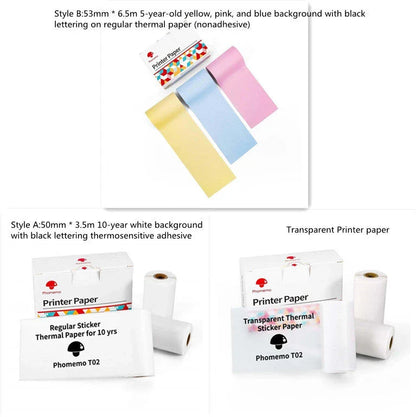 Compact Bluetooth-enabled thermal label printer in white, pink, and green colors with various label options