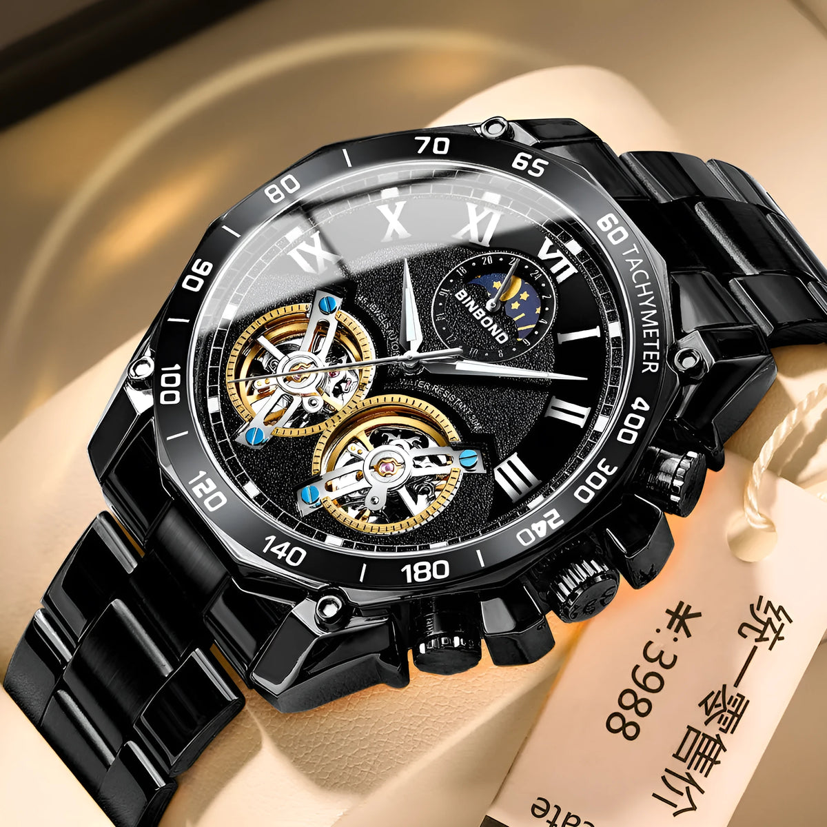 Men's hollow mechanical watch 11mm thick with visible movement and choice of gold, black steel, or white steel finish