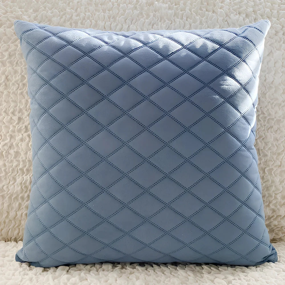 45cm square velvet cushion in Gentleman's Grid colour with PP cotton filler on grey sofa