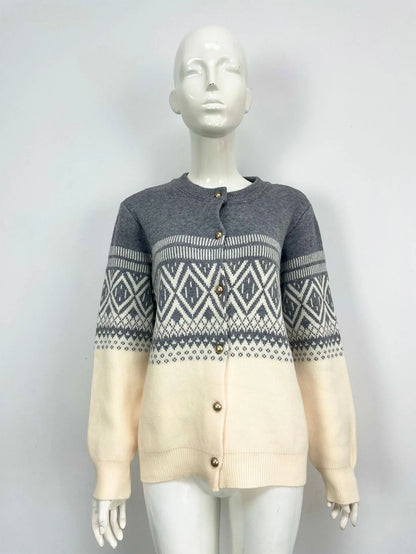 Women's red alpaca wool cardigan with diamond pattern and long sleeves