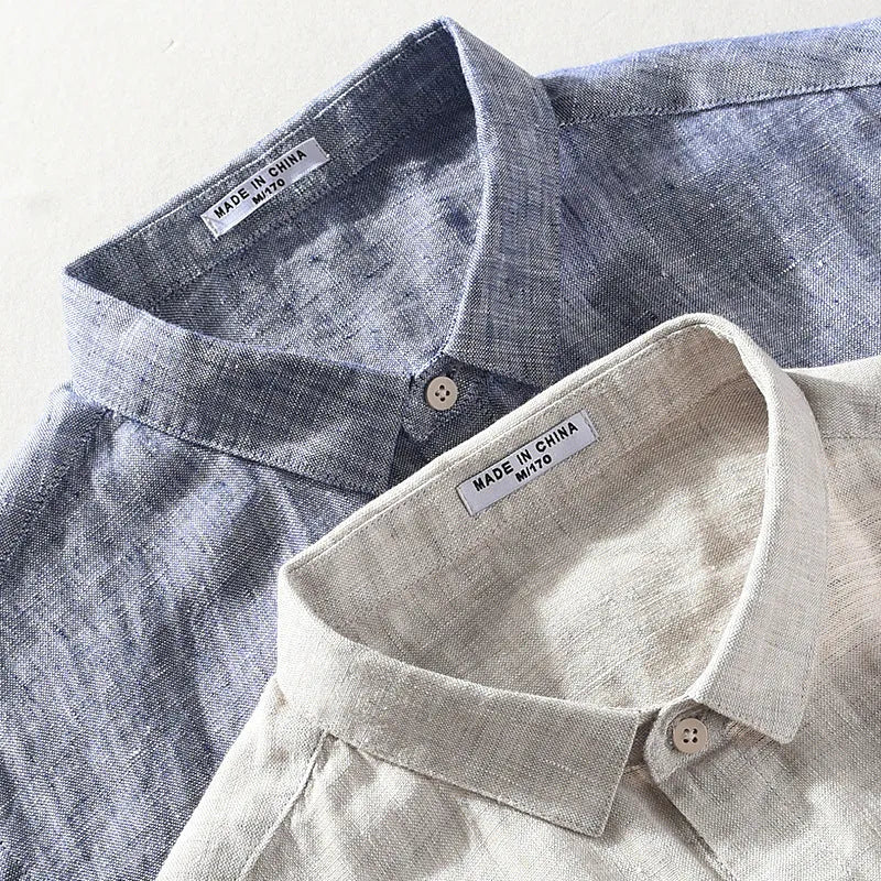 Men's linen short sleeve shirt with square collar in grey or raw jute colour