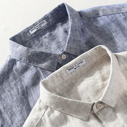 Men's linen short sleeve shirt with square collar in grey or raw jute colour