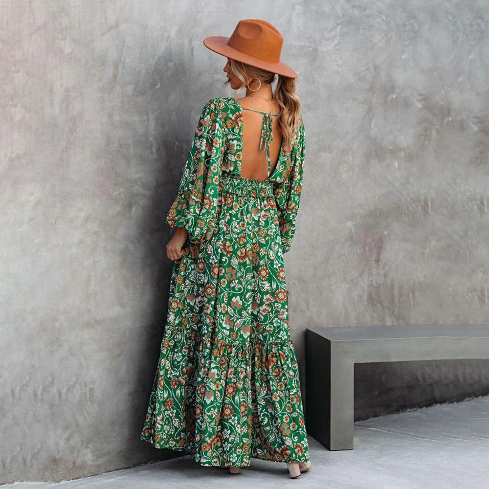 Elegant green printed halter dress with flared sleeves, made of high-quality polyester fabric