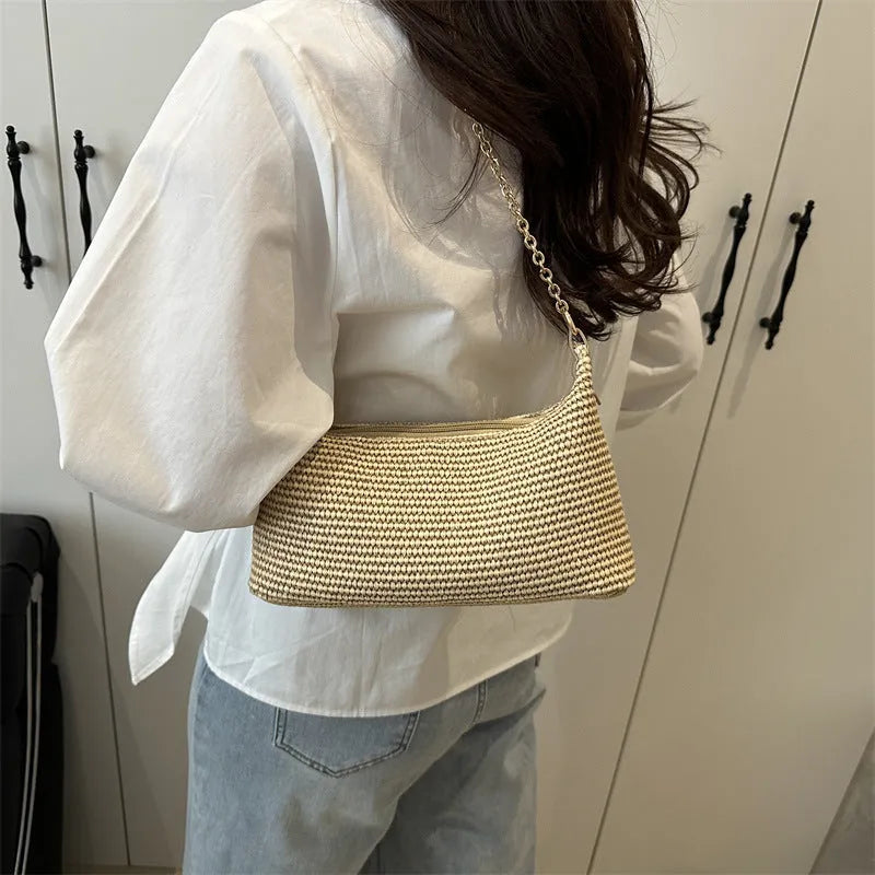 Straw woven beach tote bag with sandwich pockets and mobile phone compartment in khaki colour