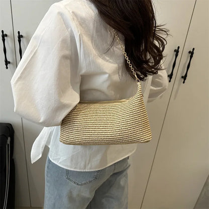 Straw woven beach tote bag with sandwich pockets and mobile phone compartment in khaki colour