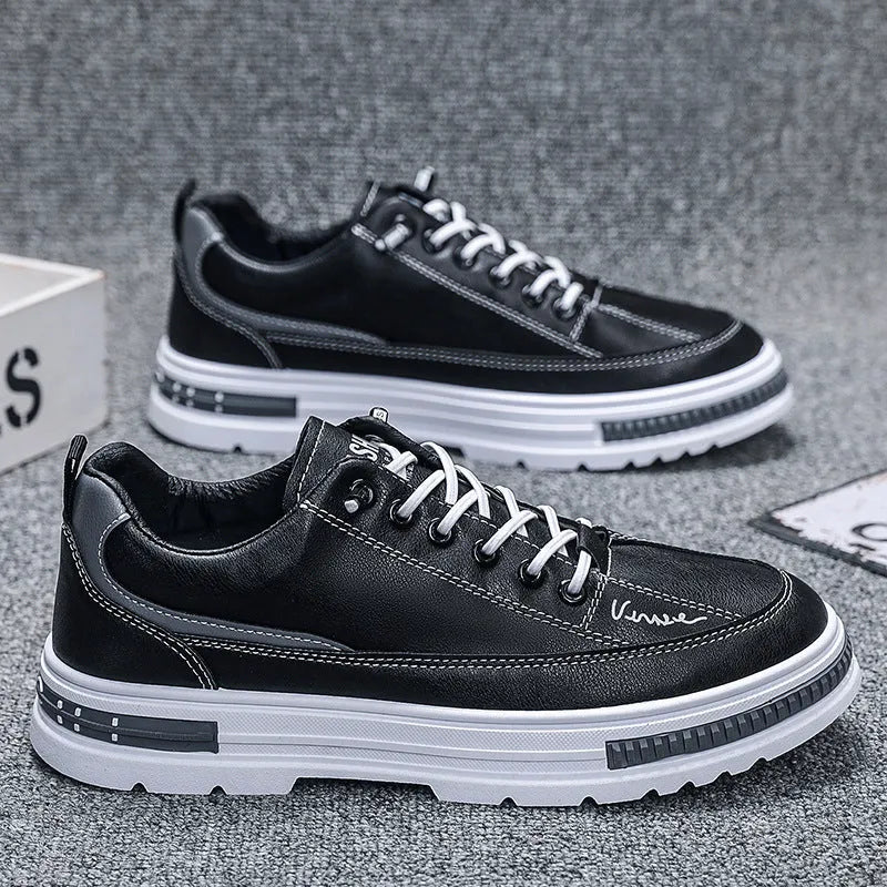 Men's white and black Korean style platform sneakers with elastic band and round toe.