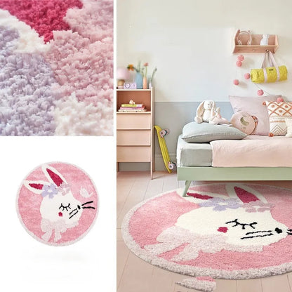 Round soft polyester children's floor carpet in forest green with anti-slip backing, shown beside a bed.