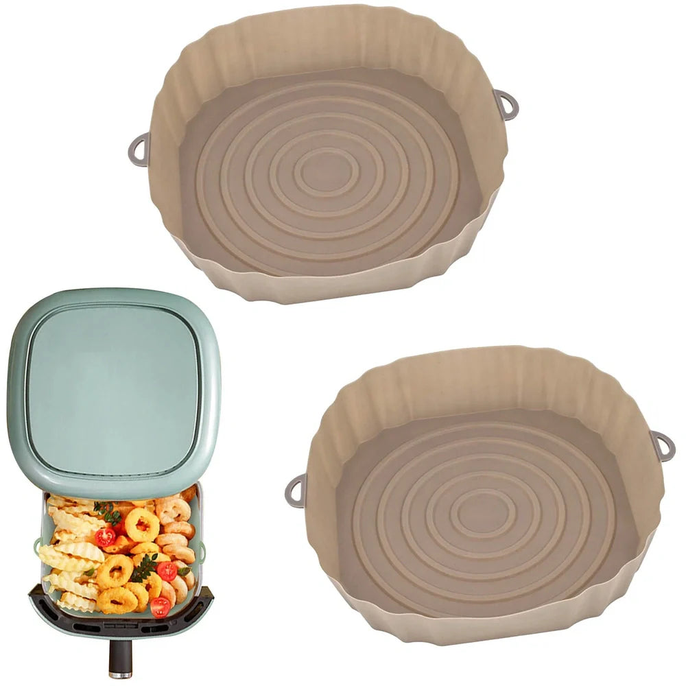 Silicone air fryer baking tray with 4.5cm depth in light grey, pink, brown or green
