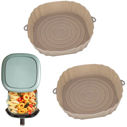 Silicone air fryer baking tray with 4.5cm depth in light grey, pink, brown or green