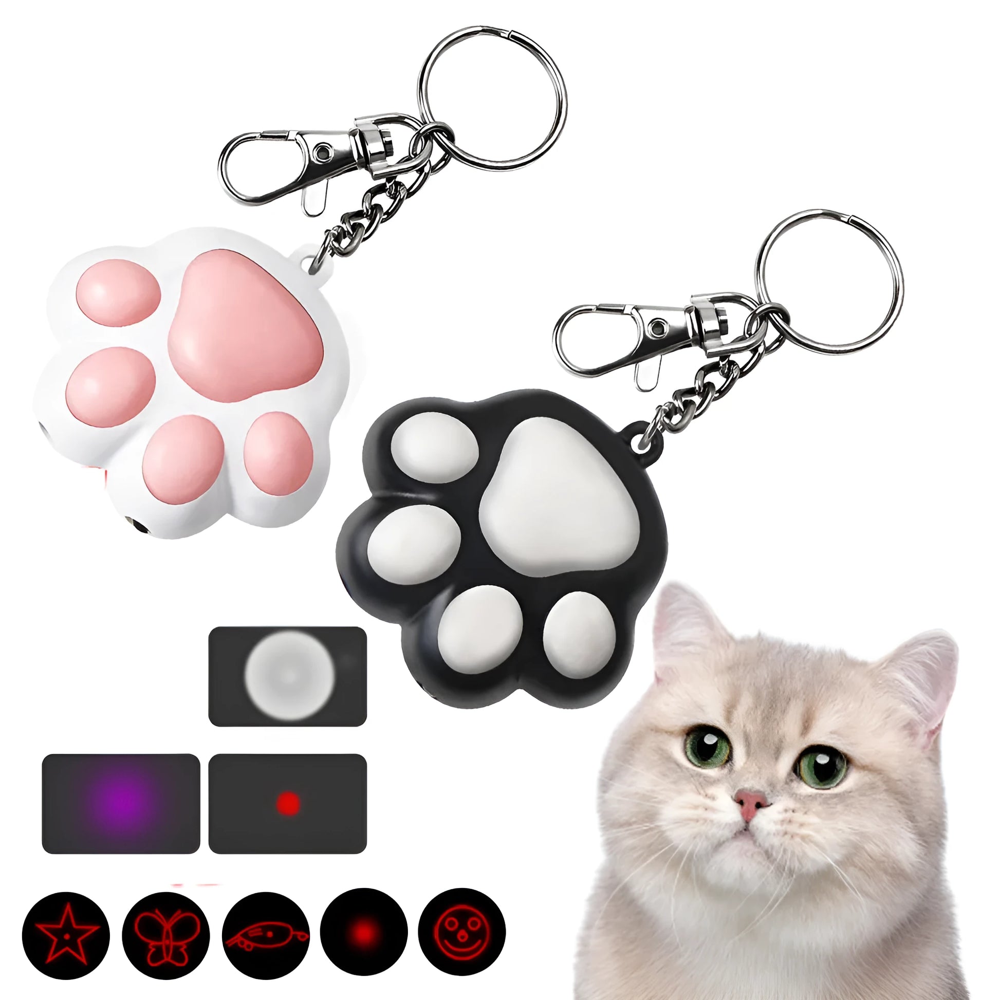 USB rechargeable infrared cat teaser toy with key chain in black or pink measuring 5x2.5 cm