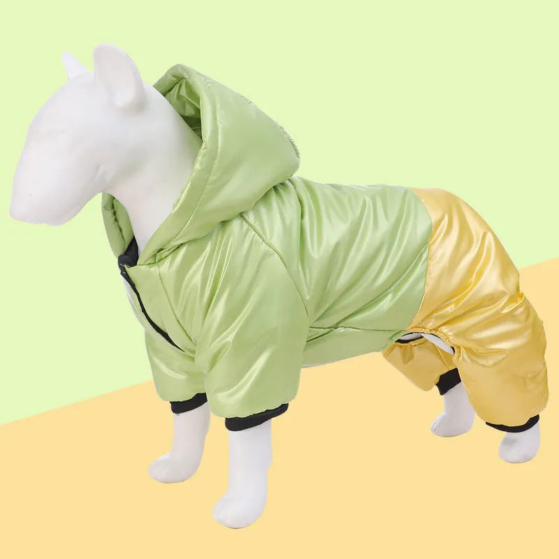Green waterproof four-legged dog coat on pet showing full coverage design