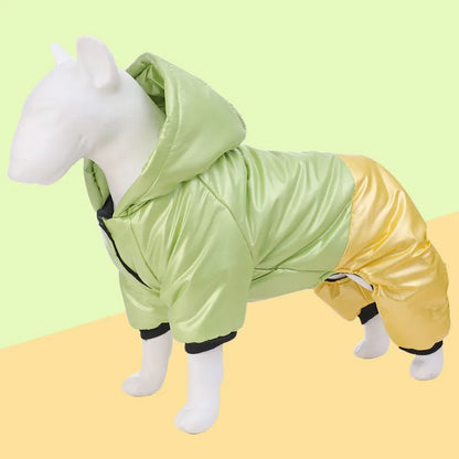 Green waterproof four-legged dog coat on pet showing full coverage design