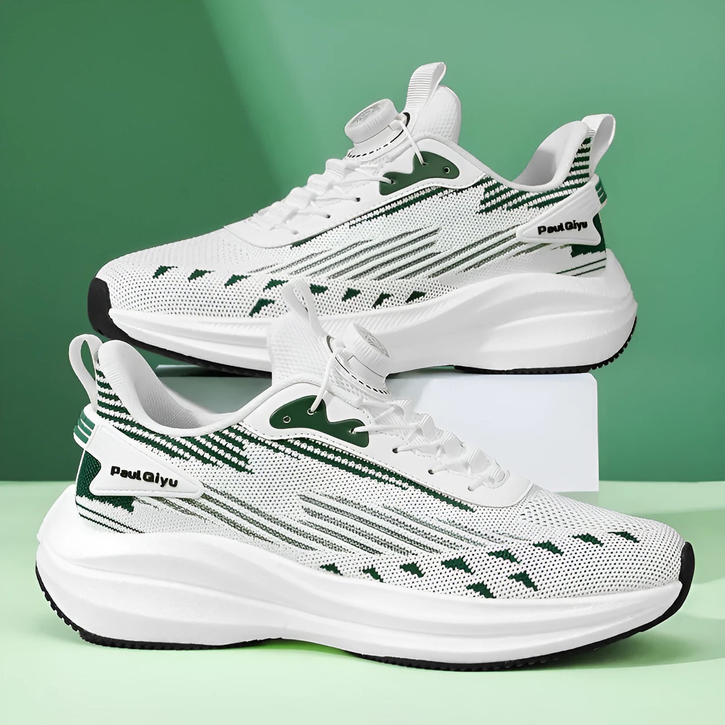 Men's white-green and grey rotating buckle Fly-kit mesh casual sports running shoes on a flat TPU sole.