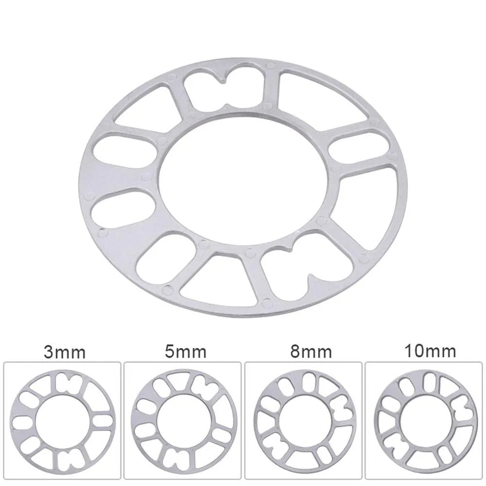 A metal hub widening gasket or spacer for car wheels, shown with thickness options of 3mm, 5mm, 8mm, and 10mm.