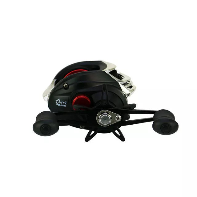 YUMOSHI AK Series Fishing Reel with magnetic brake system in black and red