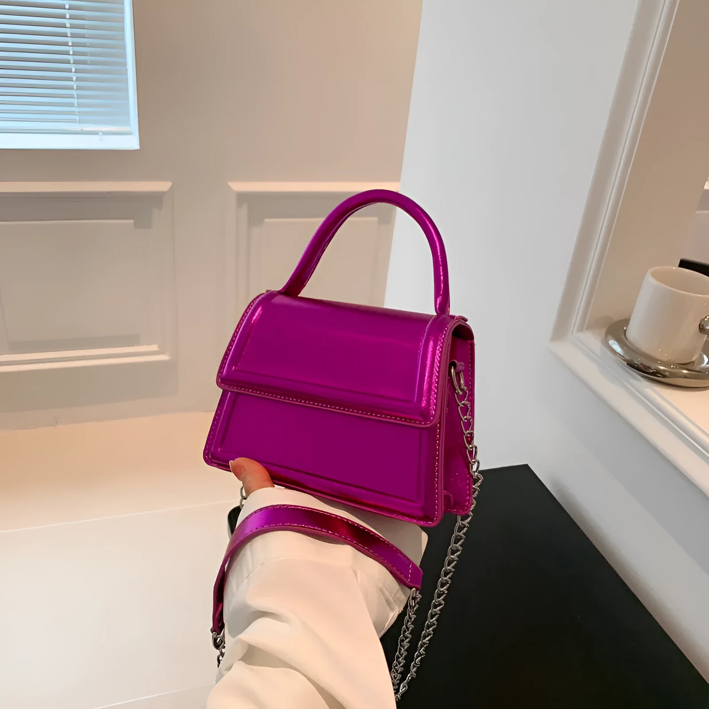 Retro horizontal square PU crossbody bag in multiple colours with sewn detail.