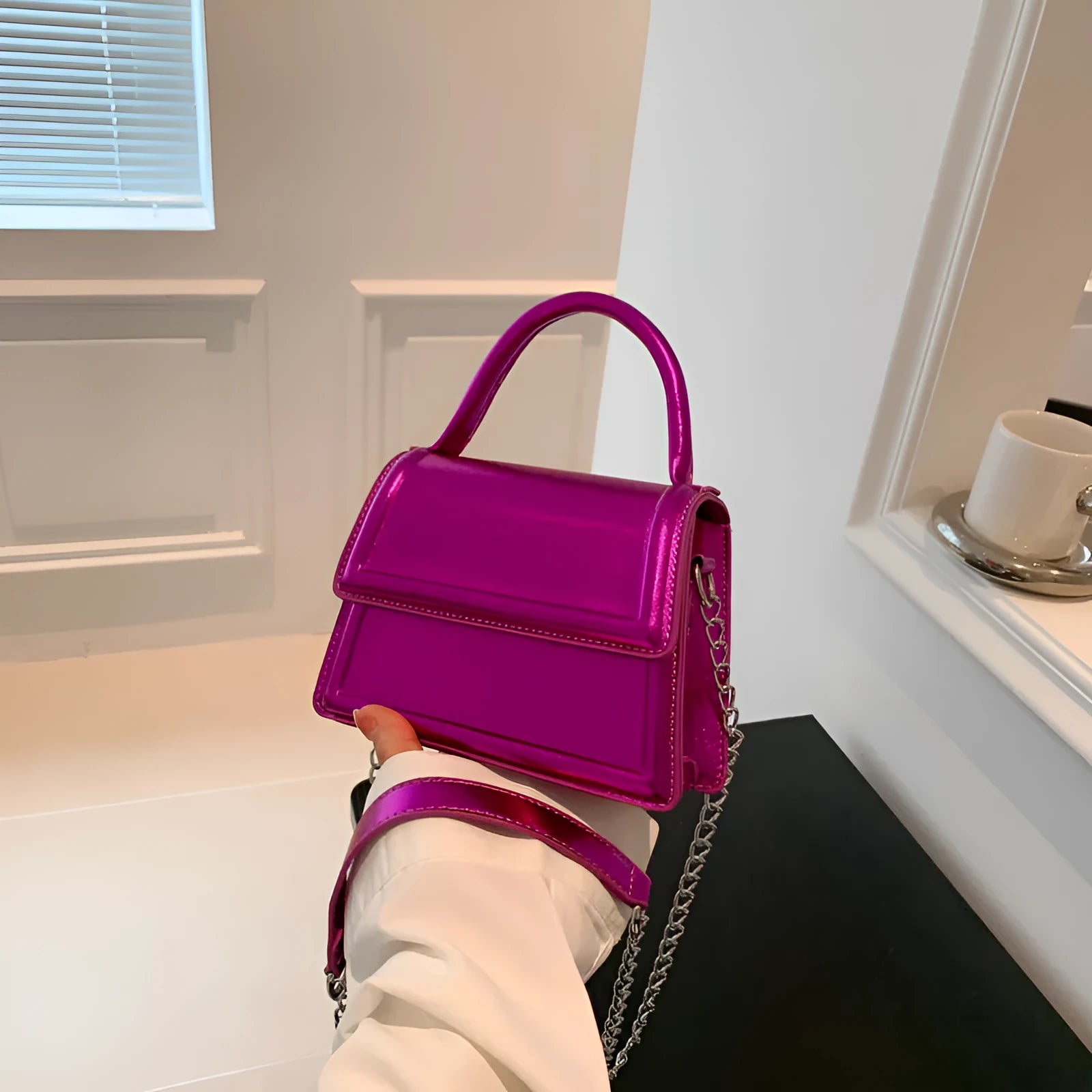 Retro horizontal square PU crossbody bag in multiple colours with sewn detail.