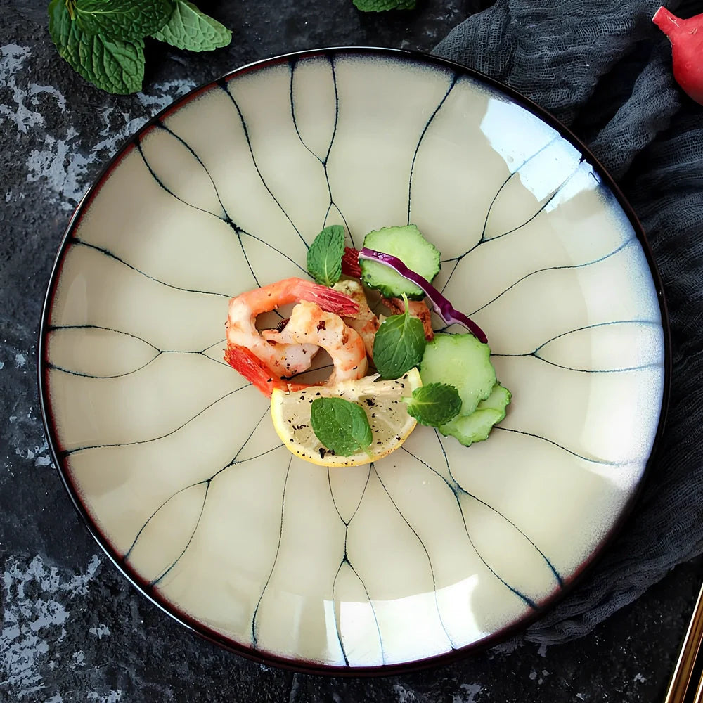 Japanese porcelain round plate 21cm diameter with underglaze design, deep bowl variant and 27.8cm serving size