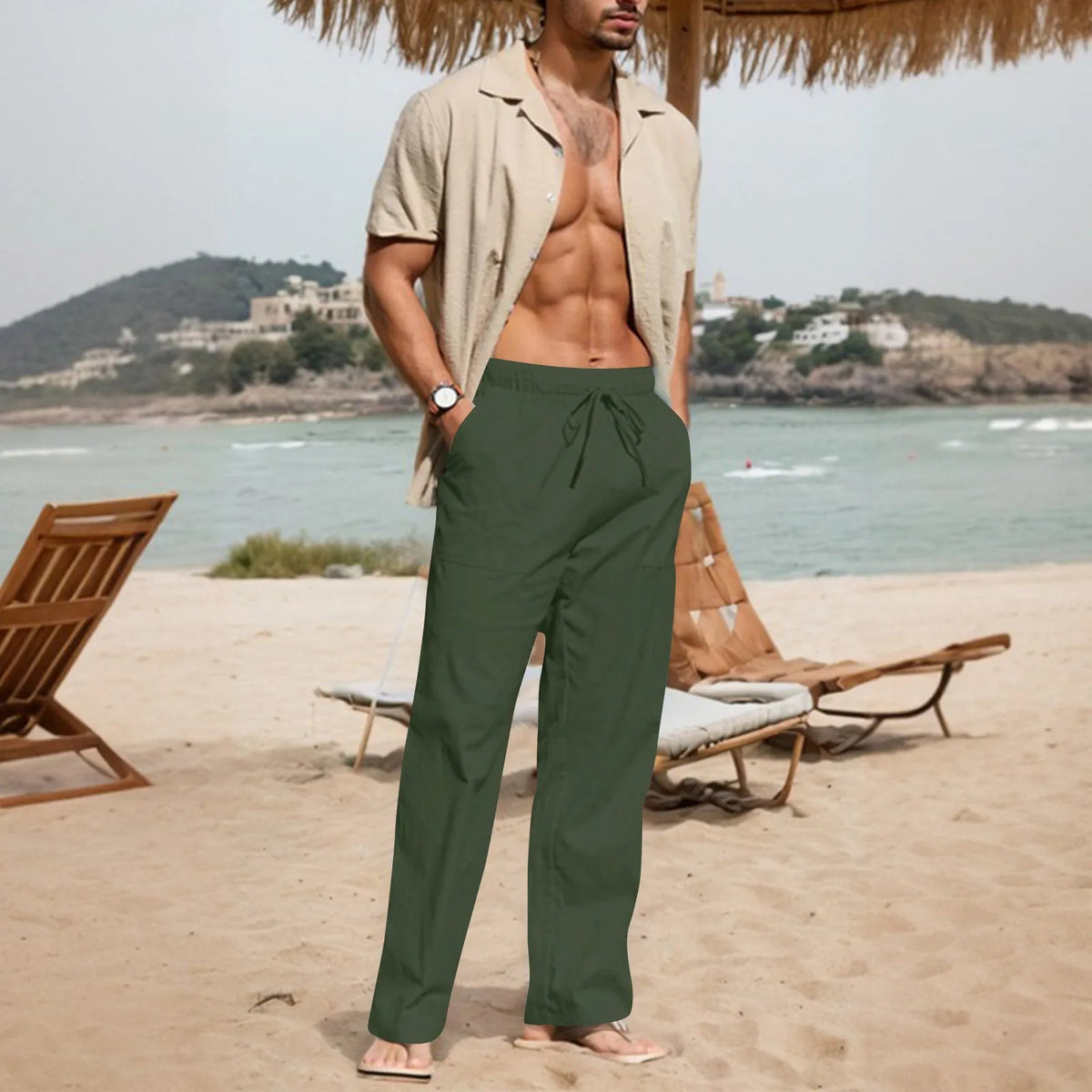 Men's cotton beach trousers with drawstring elastic waist straight leg casual design in multiple colours