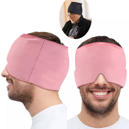 Ice Compress Headache Relief Hat in black and pink, offering 360-degree cold therapy for migraines and stress