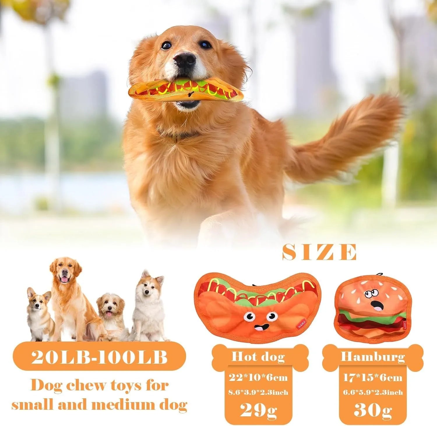 Hamburger-shaped crinkle and squeaky dog toy with vivid colours for puppies and dogs