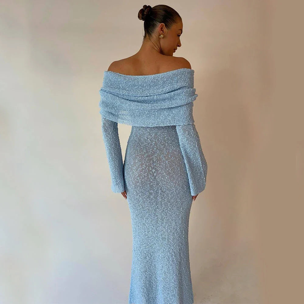 One-shoulder knit maxi dress in various colors, featuring a high-waisted silhouette and flowing skirt for a flattering and stylish look.