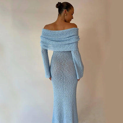 One-shoulder knit maxi dress in various colors, featuring a high-waisted silhouette and flowing skirt for a flattering and stylish look.