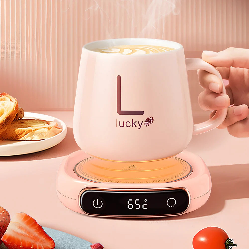 White plated collage desktop warming pad with digital temperature display showing current heating status