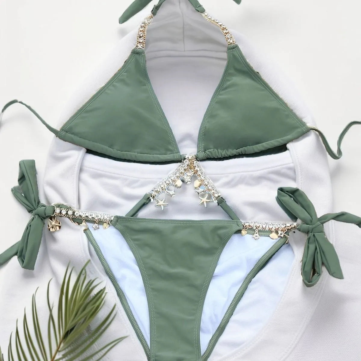 Women's split bikini set with chain detail, army green or black, sizes S M L