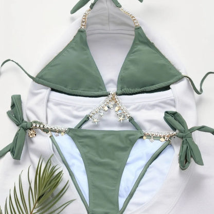 Women's split bikini set with chain detail, army green or black, sizes S M L
