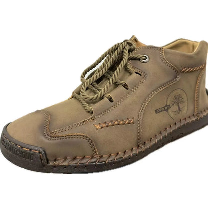Men's brown leather mid-top boots with front lace-up and rubber sole