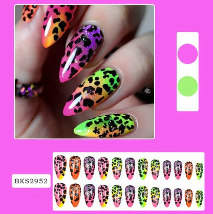 Wear Armour medium almond frosted nail stickers showing four designer patterns including French leaves and leopard print