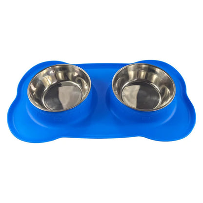 Large silicone dog bowl with stainless steel insert in five colour options on kitchen floor