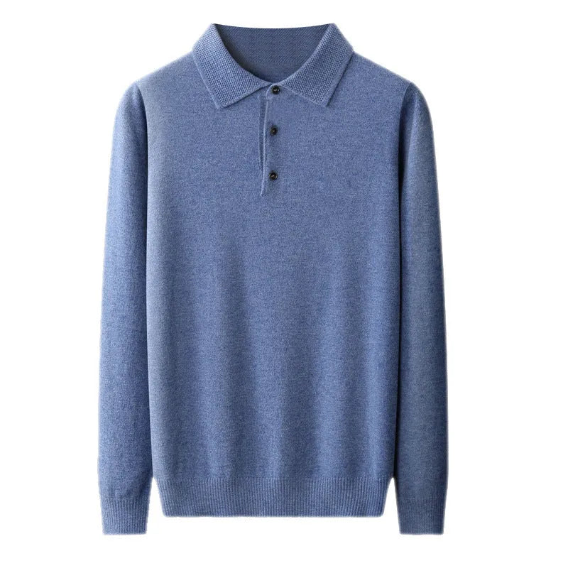 Men's woolen polo collar pullover sweater in seven colour options with long sleeves and textured stitching details