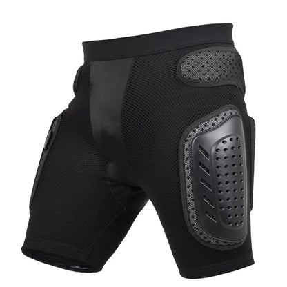 Black cycling hip protection pants shown laid flat, designed for impact safety during sports.