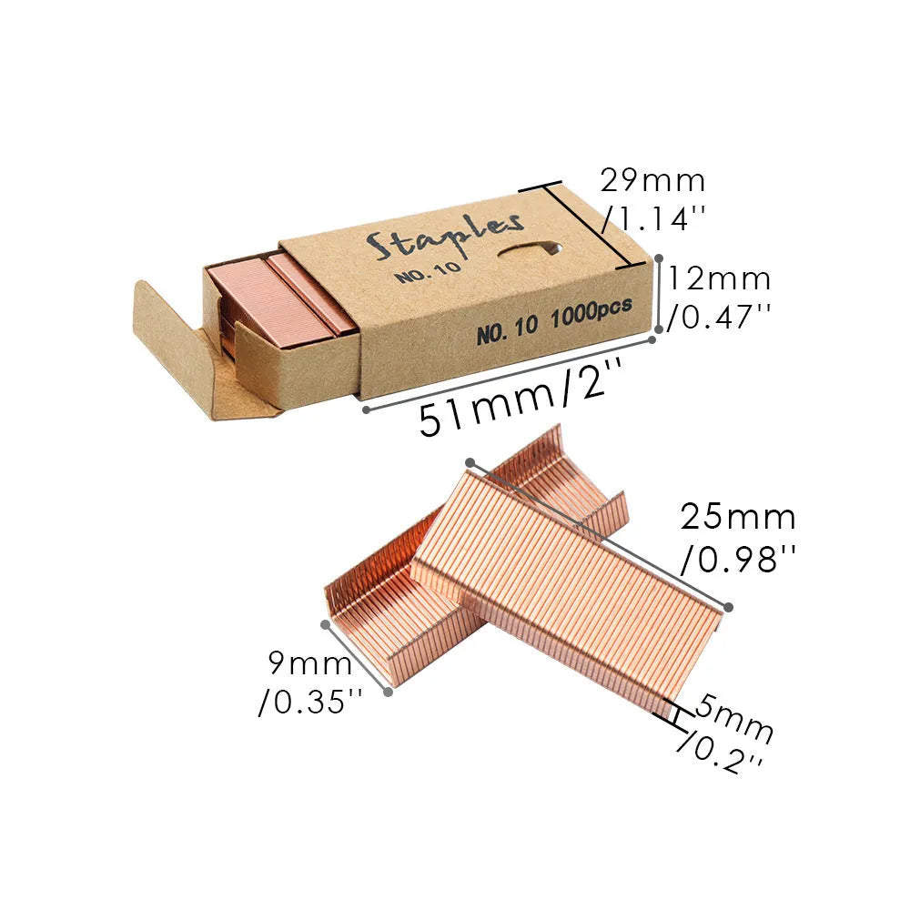 Box of 1000 metal stapling needles in rose gold, black, purple, and rose red colours.