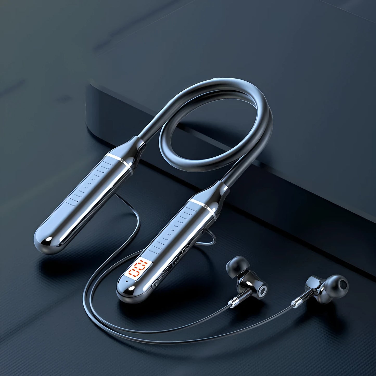 Wireless Bluetooth sports headset with power display card in neck-hanging design, shown in black colour.