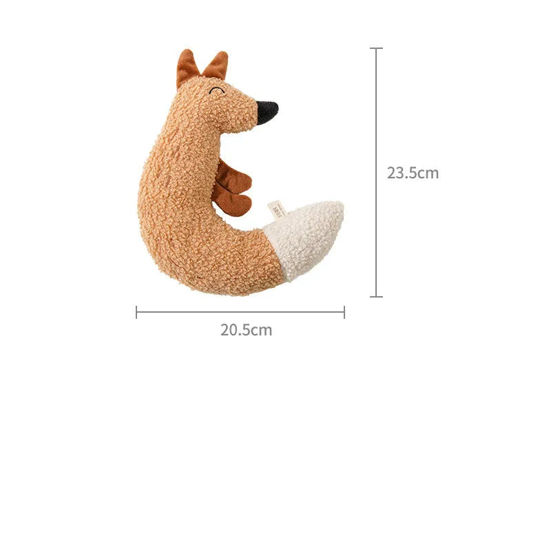 Cartoon fox and duckling pet chew toys made from teddy velvet fabric with sound paper components