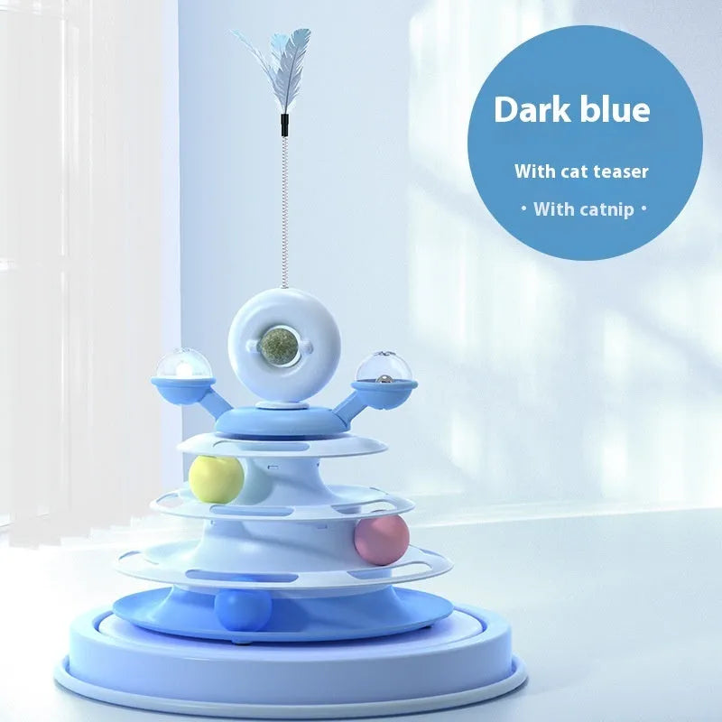 Four-level cat toy turntable tower with roller balls and 360-degree top ball in PP