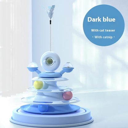 Four-level cat toy turntable tower with roller balls and 360-degree top ball in PP